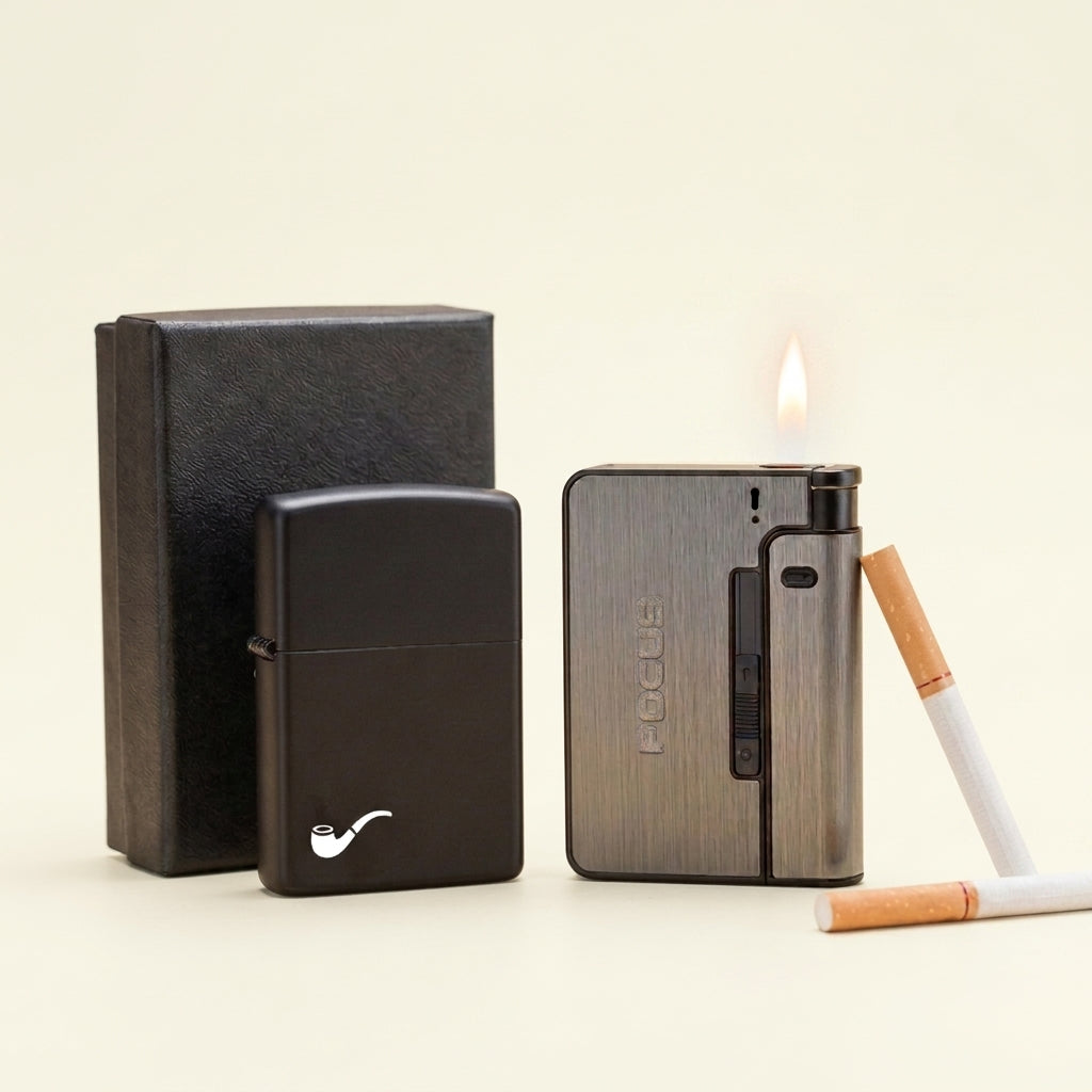 Saving Bundle- Classic black zippo lighter+Focus Aluminium cigarette case