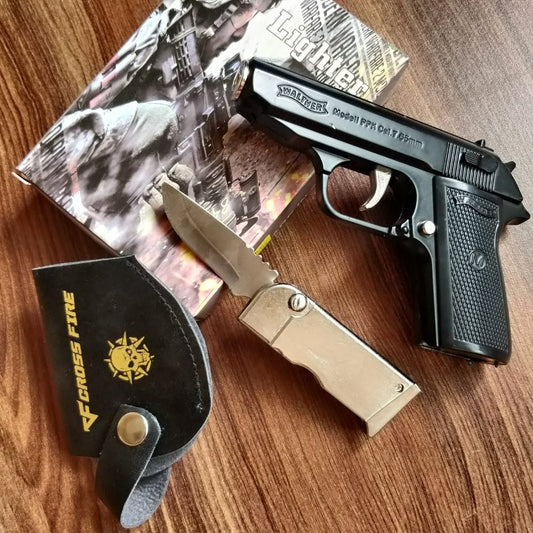 Metal Gun Lighter with Knife
